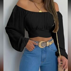 Black Off-Shoulder Crop Top with Long Balloon Sleeves